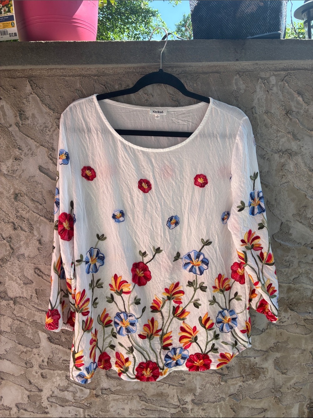 Boho White Embroidered 3/4 Sleeves Floral Gauze Peasant Top  Sz M Garden Party